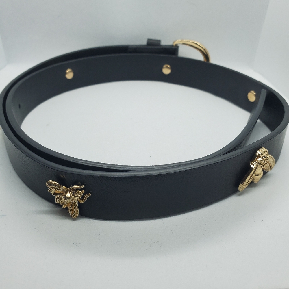 Faux leather belt with gold metal insects
